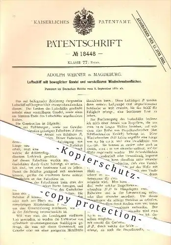 original Patent - Adolph Werner in Magdeburg , 1881 , Luftschiff mit beweglicher Gondel , Luftschiffe , Luftschifffahrt