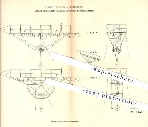 original Patent - Adolph Werner in Magdeburg , 1881 , Luftschiff mit beweglicher Gondel , Luftschiffe , Luftschifffahrt