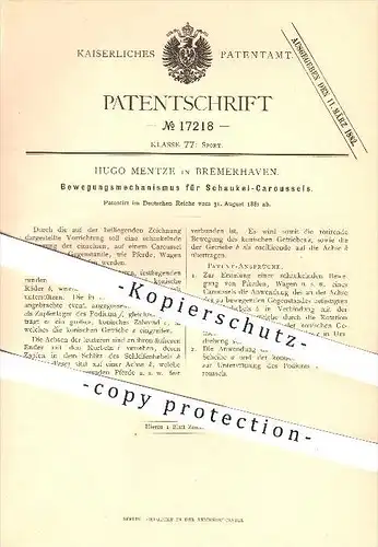 original Patent - Hugo Mentze in Bremerhaven , 1881 , Bewegungsmechnismus für Schaukel - Karussel , Rummel , Jahrmarkt !