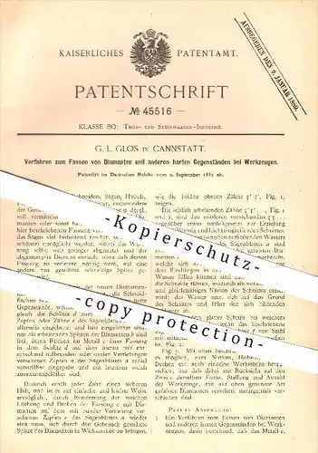 original Patent - G. L. Glos in Cannstatt , 1887 , Einfassen von Diamanten , Gestein , Granit , Fräsen , Drehen , Sägen