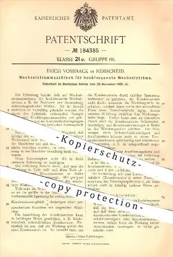 original Patent - Erich Vossnack in Remscheid , 1905 , Wechselstrommaschine für hochfrequente Wechselströme , Strom !!