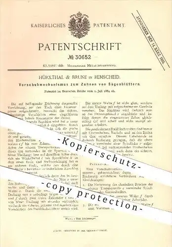 original Patent - Hürxthal & Brune in Remscheid , 1884 , Mechanismus zum Zahnen von Sägeblättern , Säge , Sägeblatt !!!
