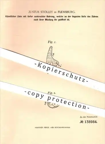 original Patent - Justus Stolley in Flensburg , 1902 , Künstlicher Zahn , Zähne , Zahnarzt , Medizin , Stiftzahn !!!
