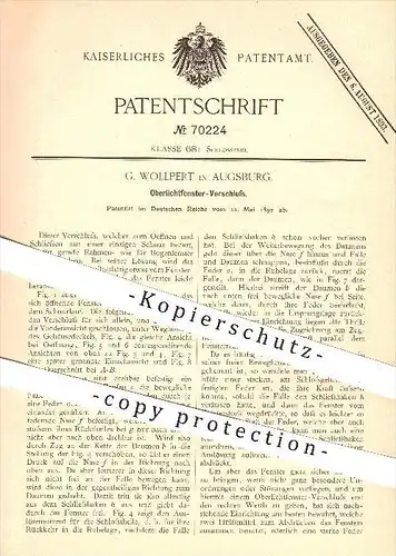 original Patent - G. Wollpert in Augsburg , 1892 , Oberlichtfenster - Verschluss , Fenster , Fensterbau , Schloss !!