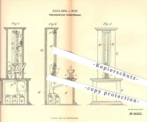 original Patent - Julius Benk in Wien , 1887 , Selbsteinkassierender Schlagkraftmesser , Kraft , Schlagkraft , Jahrmarkt