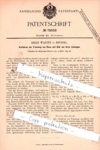 Original Patent  - Emile Warzèe in Brüssel , 1894 , Trennung von Eisen und Zink !!!