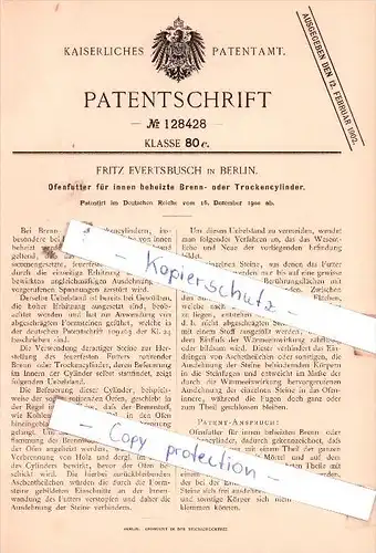 Original Patent  - F. Evertsbusch in Berlin , 1900 , Ofenfutter für innen beheizte Brenn- und Trockenzylinder !!!