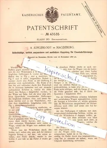 Original Patent  - A. Jungeblodt in Magdeburg , 1887 , Eisenbahnbetrieb !!!