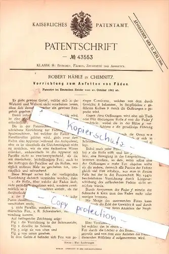 Original Patent  - Robert Hähle in Chemnitz , 1887 , Vorrichtung zum Anfetten von Fäden !!!