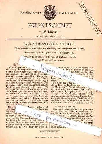 Original Patent  - Conrad Dannhauer in Augsburg , 1887 , Pferdegeschirr !!!