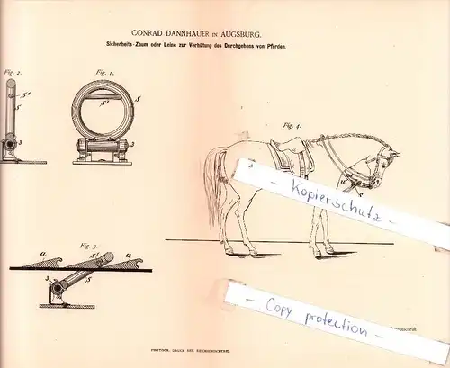 Original Patent  - Conrad Dannhauer in Augsburg , 1887 , Pferdegeschirr !!!