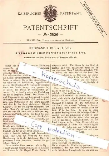 Original Patent  - Ferdinand Terks in Leipzig , 1887 , Brodkapsel mit Haltevorrichtung für das Brod !!!