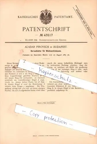 Original Patent  - Aladar Pirovich in Budapest , 1887 , Kerzenhalter für Weihnachtsbäume !!!
