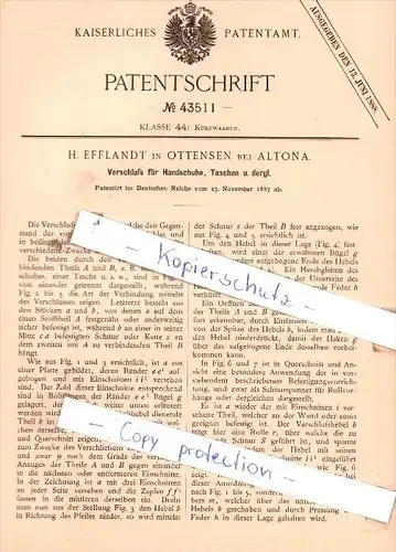 Original Patent  - H. Efflandt in Ottensen bei Altona , 1887 , Kurzwaaren , Hamburg !!!