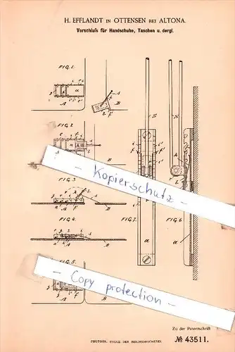 Original Patent  - H. Efflandt in Ottensen bei Altona , 1887 , Kurzwaaren , Hamburg !!!
