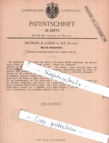 Original Patent  - Hiltmann & Lorenz in Aue , Sachsen , 1885 ,Rad mit Drahtspeichen !!!