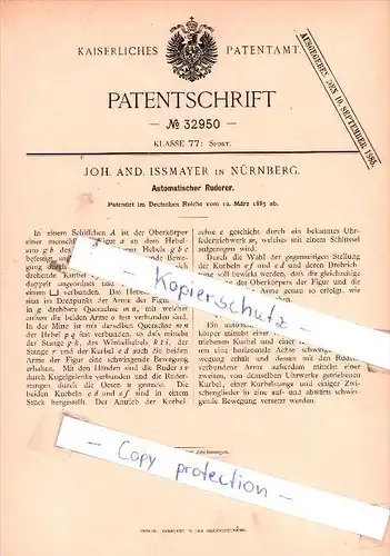 Original Patent  - Joh. And. Issmayer in Nürnberg , 1885 , Automatischer Ruderer !!!
