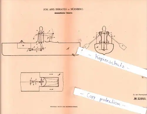 Original Patent  - Joh. And. Issmayer in Nürnberg , 1885 , Automatischer Ruderer !!!