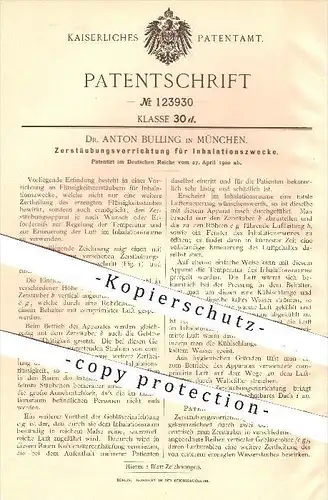 original Patent - Dr. Anton Bulling in München , 1900 , Zerstäuber zur Inhalation , Inhalieren , Inhalation , Gebläse !!