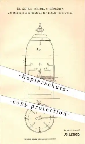 original Patent - Dr. Anton Bulling in München , 1900 , Zerstäuber zur Inhalation , Inhalieren , Inhalation , Gebläse !!