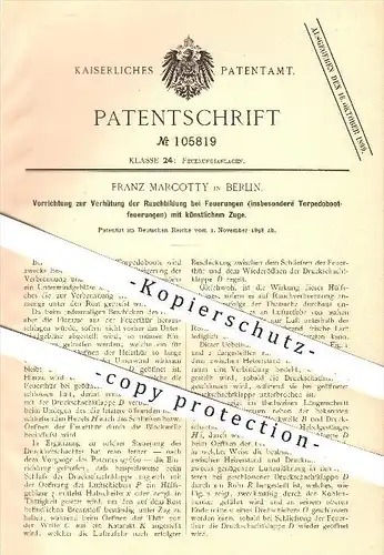 original Patent - Franz Marcotty , Berlin , 1898 , Rauchbildung bei Feuerung mit künstlichem Zug , Torpedoboot , Torpedo