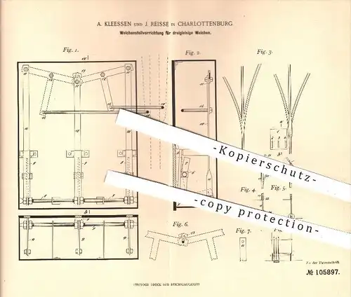 original Patent - A. Kleessen , J. Reisse , Charlottenburg , 1898 , Weichenstellvorrichtung für Weichen , Eisenbahn !!!