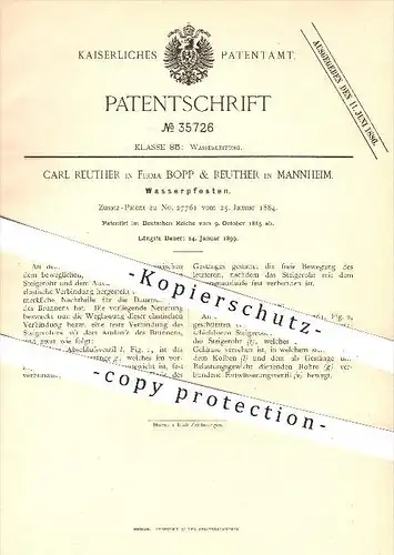 original Patent - Carl Reuther , Bopp & Reuther , Mannheim , 1885 , Wasserpfosten , Hydrant , Wasser , Wasserleitung !!!