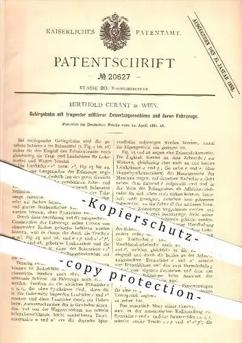 original Patent - Berthold Curant in Wien , 1881 , Gebirgsbahn mit tragender Zahnstangenschiene , Bahn , Eisenbahn !!