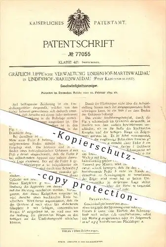 original Patent - Gräflich Lippe'sche Verwaltung Lindenhof - Martinwaldau , 1894 , Geschwindigkeitsanzeiger , Tachometer