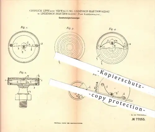 original Patent - Gräflich Lippe'sche Verwaltung Lindenhof - Martinwaldau , 1894 , Geschwindigkeitsanzeiger , Tachometer