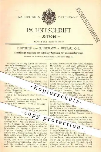original Patent - E. Richter , G. Neumann , Muskau , 1893, Kupplung mit seitlicher Auslösung für Eisenbahnen , Eisenbahn