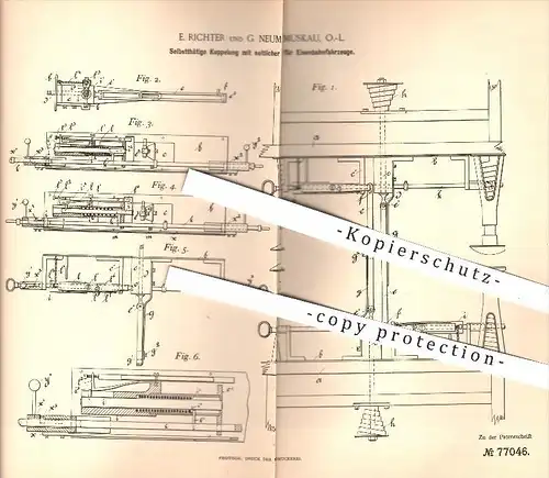 original Patent - E. Richter , G. Neumann , Muskau , 1893, Kupplung mit seitlicher Auslösung für Eisenbahnen , Eisenbahn