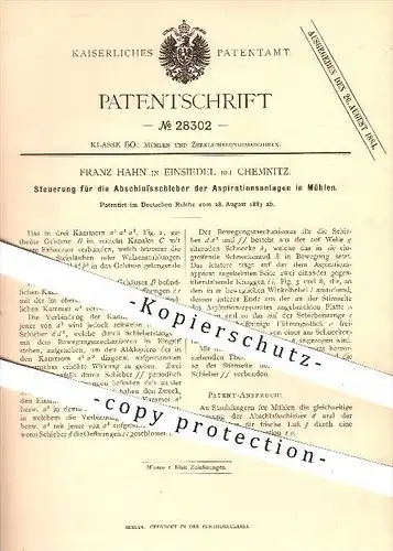 original Patent - F. Hahn , Einsiedel , Chemnitz , 1883 , Schieber - Steuerung  der Aspirationsanlagen in Mühlen , Mühle
