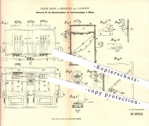 original Patent - F. Hahn , Einsiedel , Chemnitz , 1883 , Schieber - Steuerung  der Aspirationsanlagen in Mühlen , Mühle