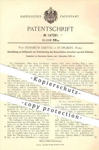 original Patent - Elisabeth Saeftel in St. Ingbert , 1902 , Verhindern des Herausfallens von Schlüssel aus dem Schloss !