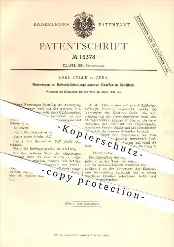 original Patent - Carl Unger , Gera , 1881 , Geldschränke und andere feuerfeste Behälter , Tresor , Safe , Panzerschrank