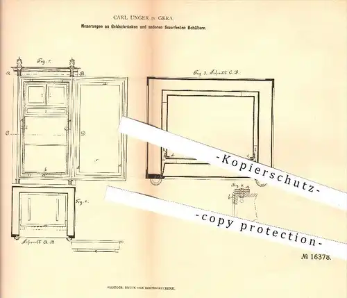 original Patent - Carl Unger , Gera , 1881 , Geldschränke und andere feuerfeste Behälter , Tresor , Safe , Panzerschrank