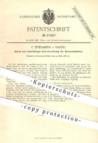 original Patent - C. Feyerabend in Danzig , 1886 , Anbau u. Kehrvorrichtung für Bockwindmühlen , Windmühlen , Mühlen