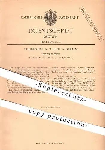 original Patent - Scheunert & Wirth , Berlin , 1886 , Kegel , Kegeln , Kegelsport , Kegelbahn , Sport , Bowling , Bowlen