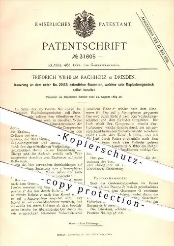 original Patent - Friedrich W. Rachholz , Dresden , 1884 , Gasmotor , der sein Explosionsgemisch selbst bereitet , Motor