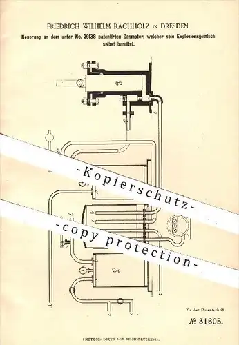 original Patent - Friedrich W. Rachholz , Dresden , 1884 , Gasmotor , der sein Explosionsgemisch selbst bereitet , Motor