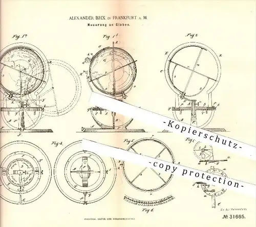 original Patent - Alexander Brix in Frankfurt am Main , 1884 , Globus , Globen , Weltkarte , Welt , Erde , Theodolit !!