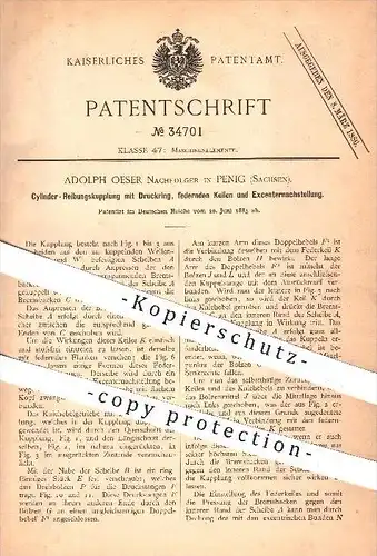 original Patent - Adolph Oeser Nachfolger in Penig , 1885 , Zylinder - Reibungskupplung mit Druckring , Kupplung !!!