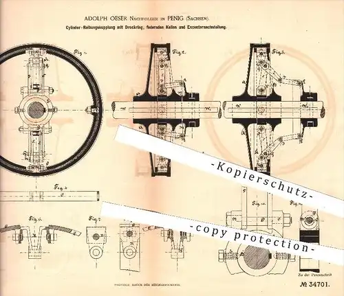 original Patent - Adolph Oeser Nachfolger in Penig , 1885 , Zylinder - Reibungskupplung mit Druckring , Kupplung !!!