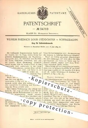original Patent - Wilhelm Fr. L. Utendörfer , Schmalkalden , 1885 , Steg für Saiteninstrument , Musikinstrumente , Musik