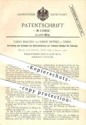 original Patent - Carlo Margoni und Isidor Jelenko , Triest , 1900 , Hebelverhältnis beim Trethebel - Antrieb am Fahrrad