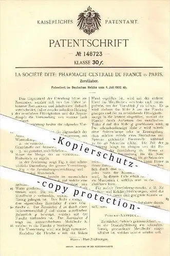 original Patent - La Société Dite : Pharmacie Centrale de France , Paris , 1902 , Zerstäuber , Inhalator , Flüssigkeiten