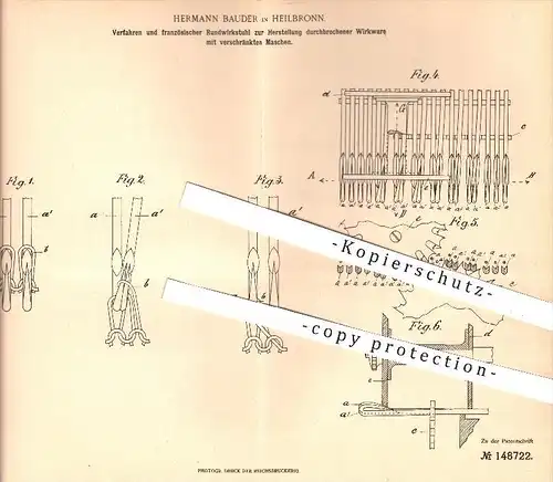 original Patent - Hermann Bauder , Heilbronn , 1902 , französischer Wirkstuhl zur Herstellung durchbrochener Wirkware