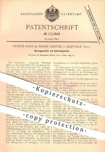 original Patent - Vickers Sons & Maxim Limited in Sheffield , England , 1899 , Sprenggeschoss mit Aufschlagzünder !!