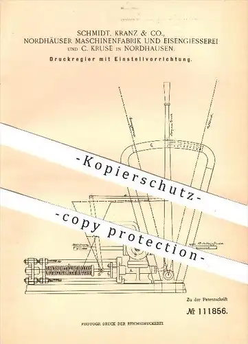original Patent - Schmidt , Kranz & Co. , Maschinenfabrik & Eisengießerei , C. Kruse , Nordhausen , 1899 , Druckregler
